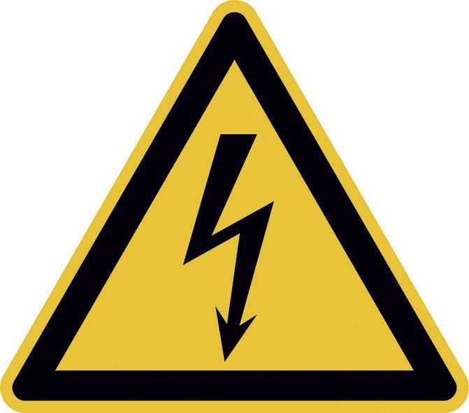 Warning sign with a yellow background and a black lightning symbol indicating electrical voltage or hazard.