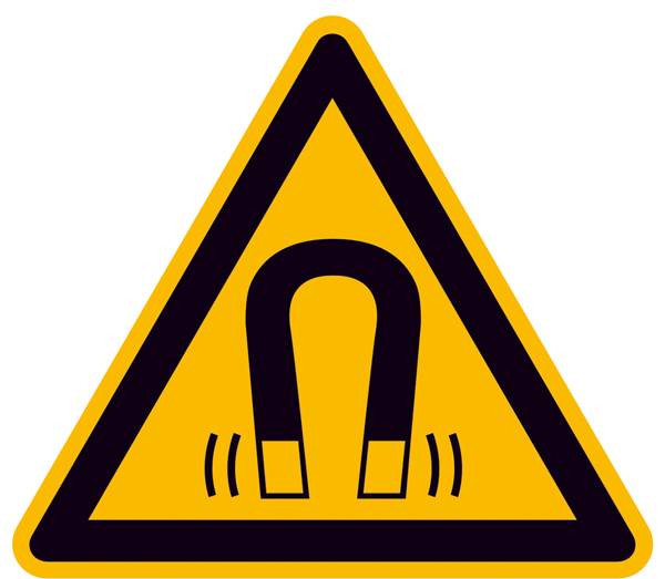 Warning sign for strong magnetic field, depicted by a horseshoe magnet symbol in a yellow triangle.