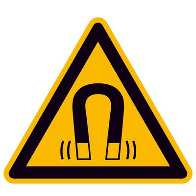 Warning sign for strong magnetic field, depicted by a horseshoe magnet symbol in a yellow triangle.