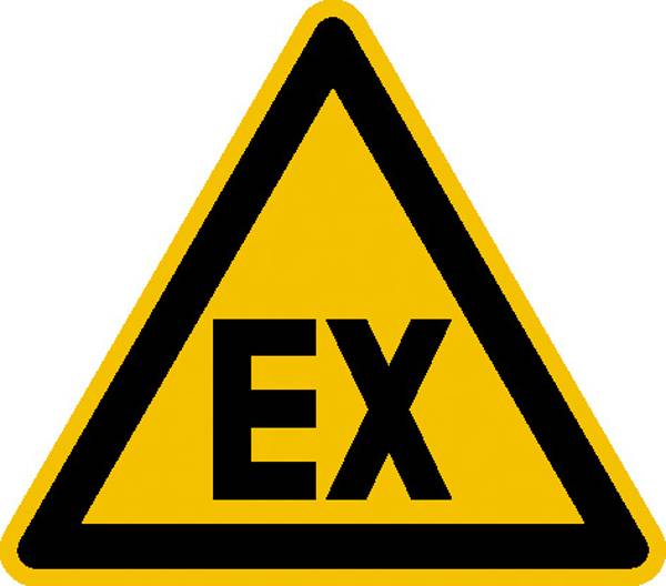 Yellow warning triangle with a black border displaying 'EX'. Symbol for areas with explosion hazards.