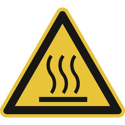 Warning sign: Yellow triangle with black borders, showing three ascending lines. Means 'Warning of hot surface'.
