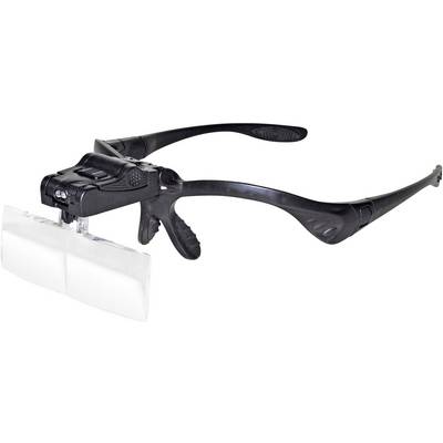 Magnifying glasses with integrated light, black arms, transparent visor. Suitable for precision work or as a reading magnifier.