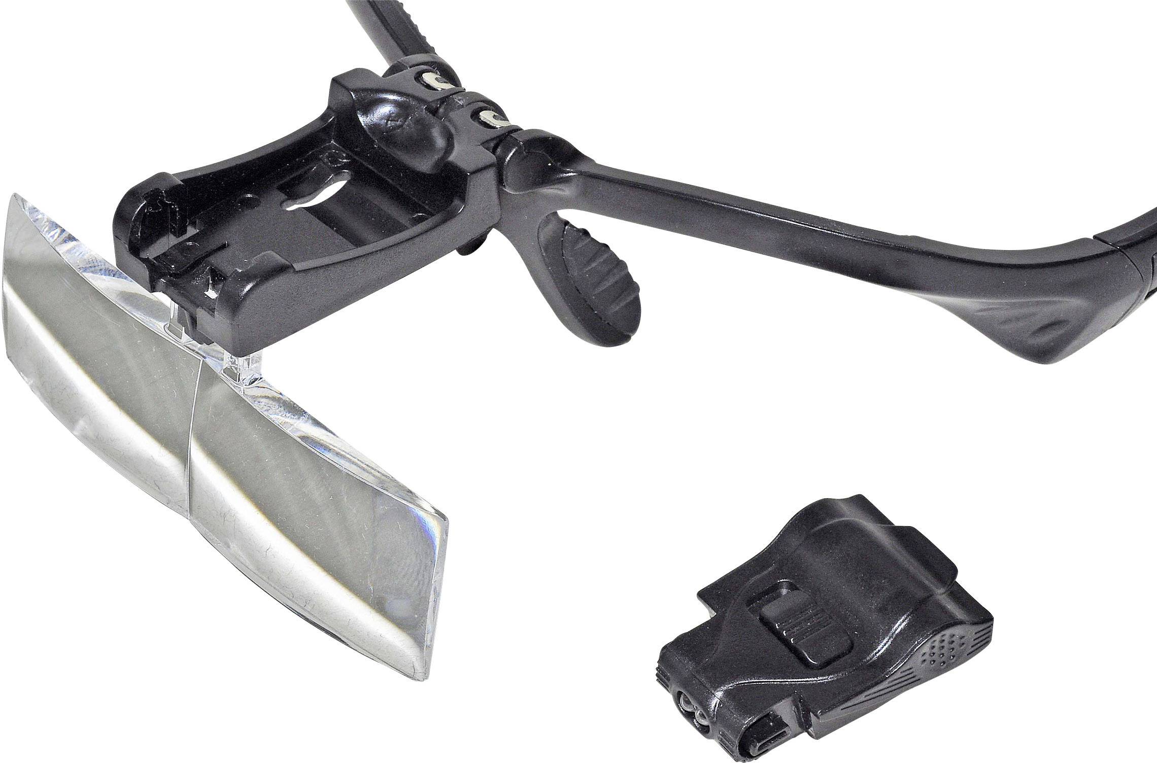 Glasses with removable magnifying lens attachments and a separate battery housing. Ideal for precision work such as model-making or repairs.