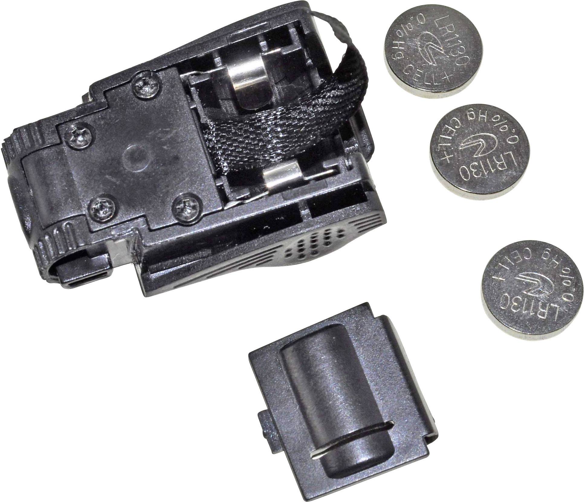 A black LED bicycle clip with a battery compartment. Three round batteries and a removable cover are placed beside it.