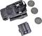 A black LED bicycle clip with a battery compartment. Three round batteries and a removable cover are placed beside it.