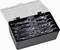Transparent, stacked wallets in an open black box with a transparent lid.