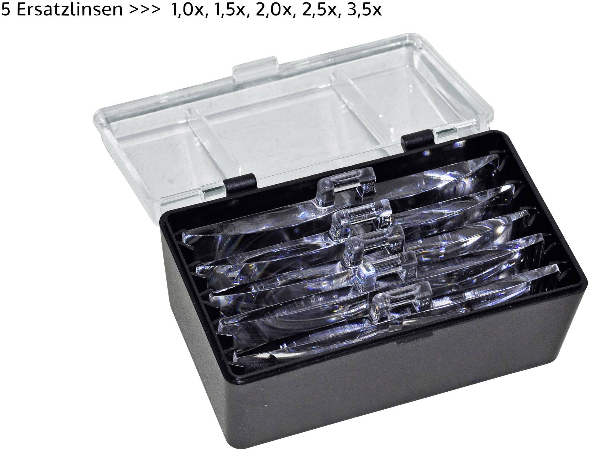 A case with five replacement lenses in different magnifications: 1.0x, 1.5x, 2.0x, 2.5x, 3.5x.<br><br>Note: In British English, the decimal point notation remains the same as used in the original text.