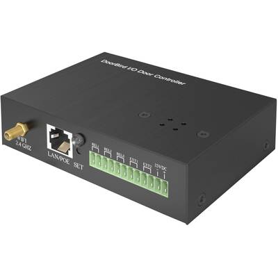 Black Doorkeeper door controller with LAN/PoE connection, 2.4 GHz WiFi antenna and multiple green connection terminals.