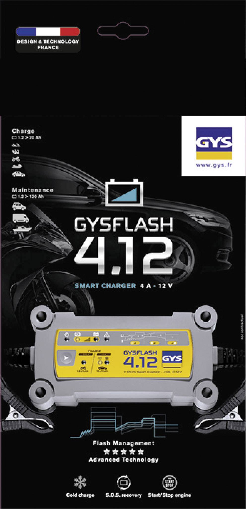 GYSFLASH 4.12, a smart charger (4A, 12V), suitable for various vehicle models. Design & technology from France.