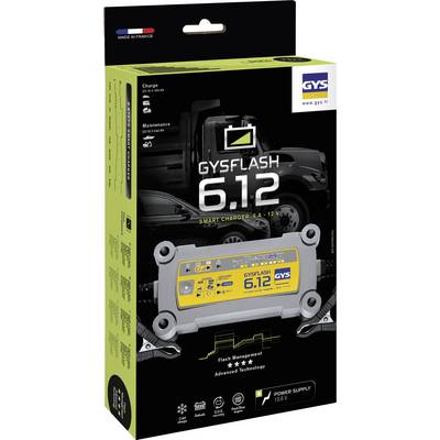 Packaging for a GYSFLASH 6.12 Smart Charger, suitable for car and lorry batteries. Includes an image of the charger and a vehicle graphic.
