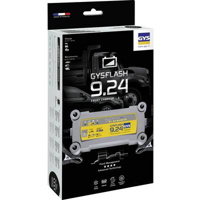 A packaging design for the GYSFLASH 9.24 Smart Charger, displaying the device and symbols representing its charging and maintenance functions.