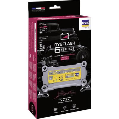Packaging for the GYSFLASH 6 Heritage Multi-Charger. Displays the charger, technical specifications and highlights advanced technology and compatibility with classic vehicles.