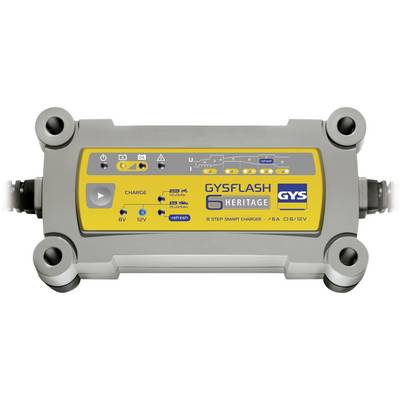 Grey-yellow battery charger with indicator lights and connections. Brand 'GYSFLASH 6 HERITAGE'. Shows charging process and stages.