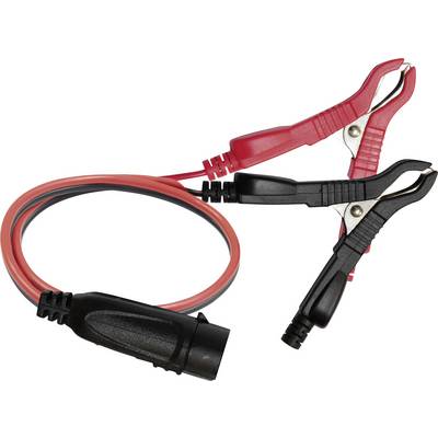 Jump leads with red and black clamps, used for starting a vehicle by connecting to a battery.