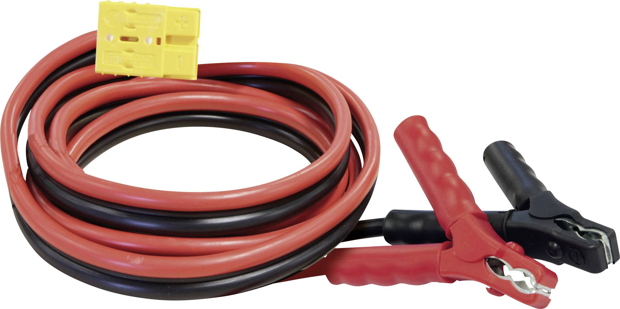 Jump leads with red and black clips, coiled up, for jump-starting car batteries.