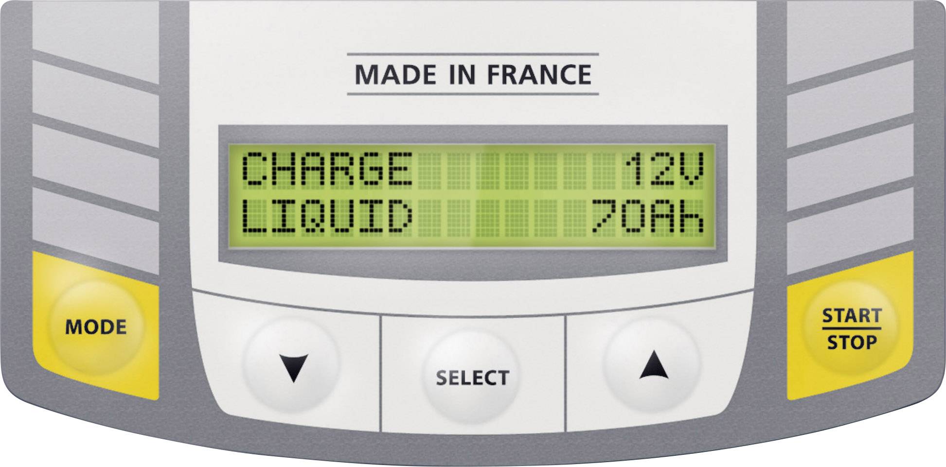 Battery charger display with indicators: 'CHARGE 12V' and 'LIQUID 70Ah'. Buttons: 'MODE', 'SELECT', 'START STOP'.