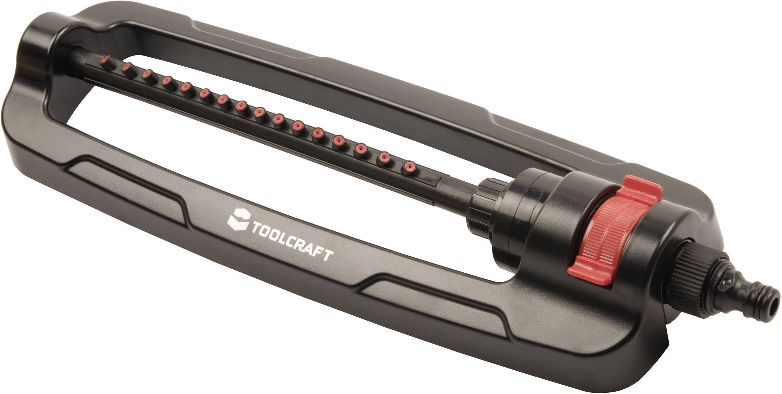 'Toolcraft' lawn sprinkler in black with red adjustment dial. Suitable for large-area irrigation.