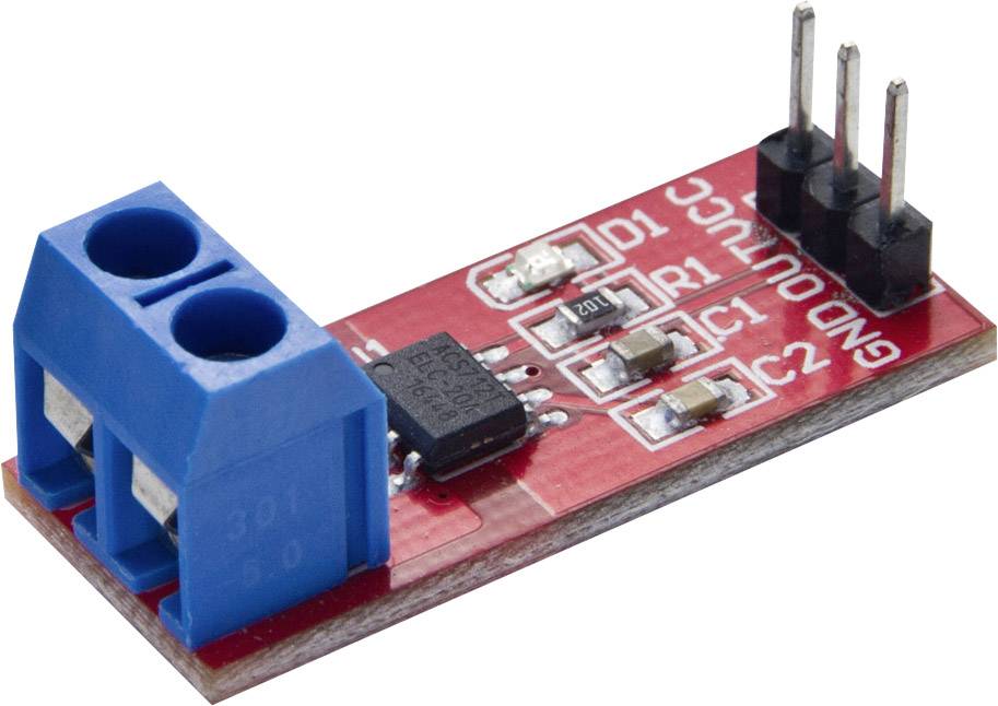 An electrical module with a blue screw terminal, microchip and pins, mounted on a red circuit board, for voltage measurement.