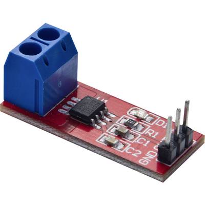 A red electronics module with a blue connection terminal, an integrated circuit, and multiple pins for connecting with other devices.