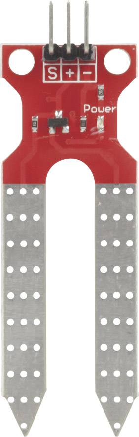 A red and white moisture sensor with two metal probes for measuring soil moisture levels. Connecting pins are visible at the top.