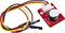 A small, red buzzer sensor with three coloured cables, black, red and yellow, for electronic circuits and signalling.
