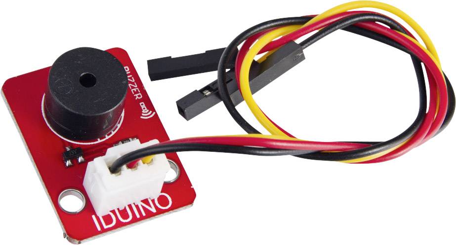 Red IDUINO module with buzzer and three connected cables in black, red, and yellow colours, used for electronic projects.
