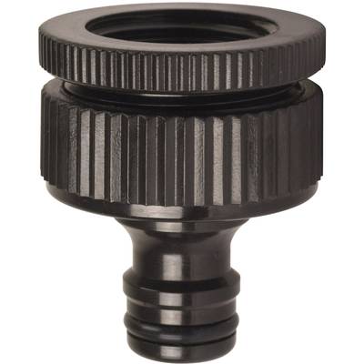 A black, ribbed adapter attachment with a threaded screw top and a hose connection at the bottom.