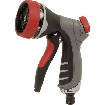Water spray nozzle with a red head and grey handle, offering multiple spray settings, including 'Jet' and 'Shower'.