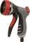 Water spray nozzle with a red head and grey handle, offering multiple spray settings, including 'Jet' and 'Shower'.