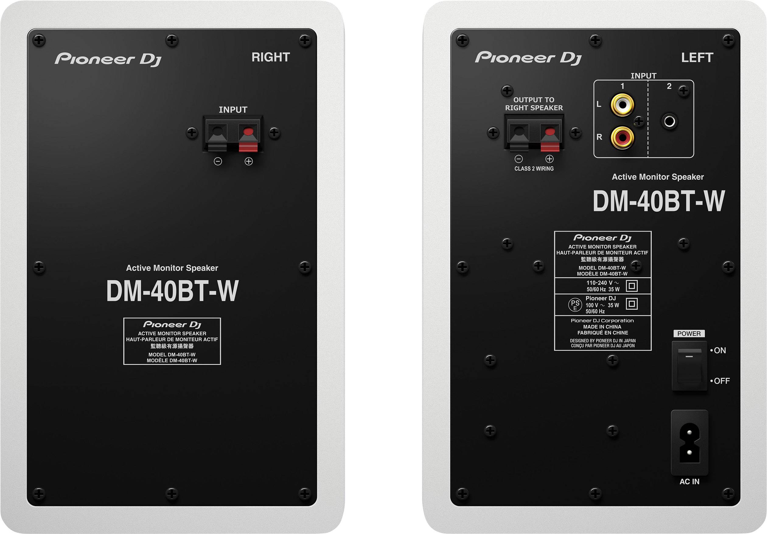 Rear view of two speakers with connections and switches. Left speaker shows inputs. Right speaker shows output. Models: 'DM-40BT-W'.