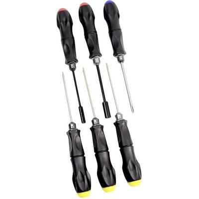 Five screwdrivers with coloured handle caps: red, blue, yellow. Serrated handles for better grip, various blade types.