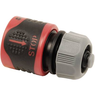 A plastic water connection piece in red and grey, featuring an arrow and the text 'STOP'. Used for garden hoses to connect and stop water flow.