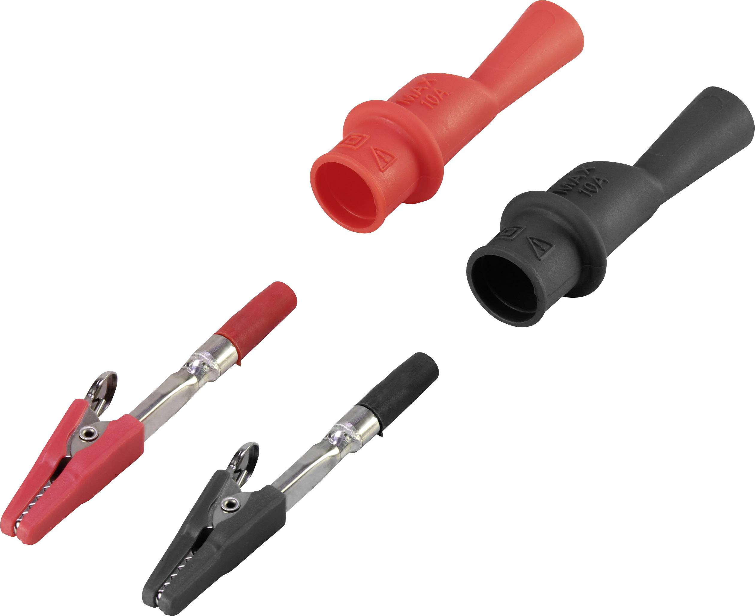 Two coloured crocodile clips with insulation: one red and one black. They are used for electrical connection.