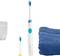 Electric toothbrush with replacement brush head, blue towel and toothbrush glass on white background.