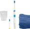 Toothbrush beside a glass of water and a blue towel.