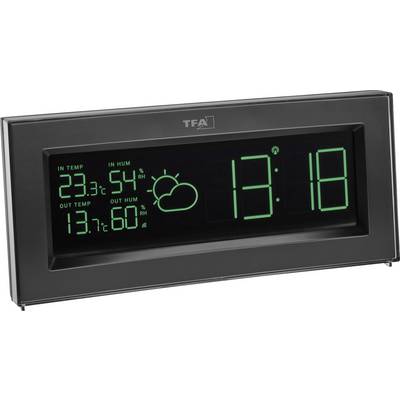 Digital clock with displays: 'IN TEMP 23.3°C', 'IN HUM 54%', 'OUT TEMP 13.7°C', 'OUT HUM 60%', and current time '13:18'. Cloud symbol indicates weather.
