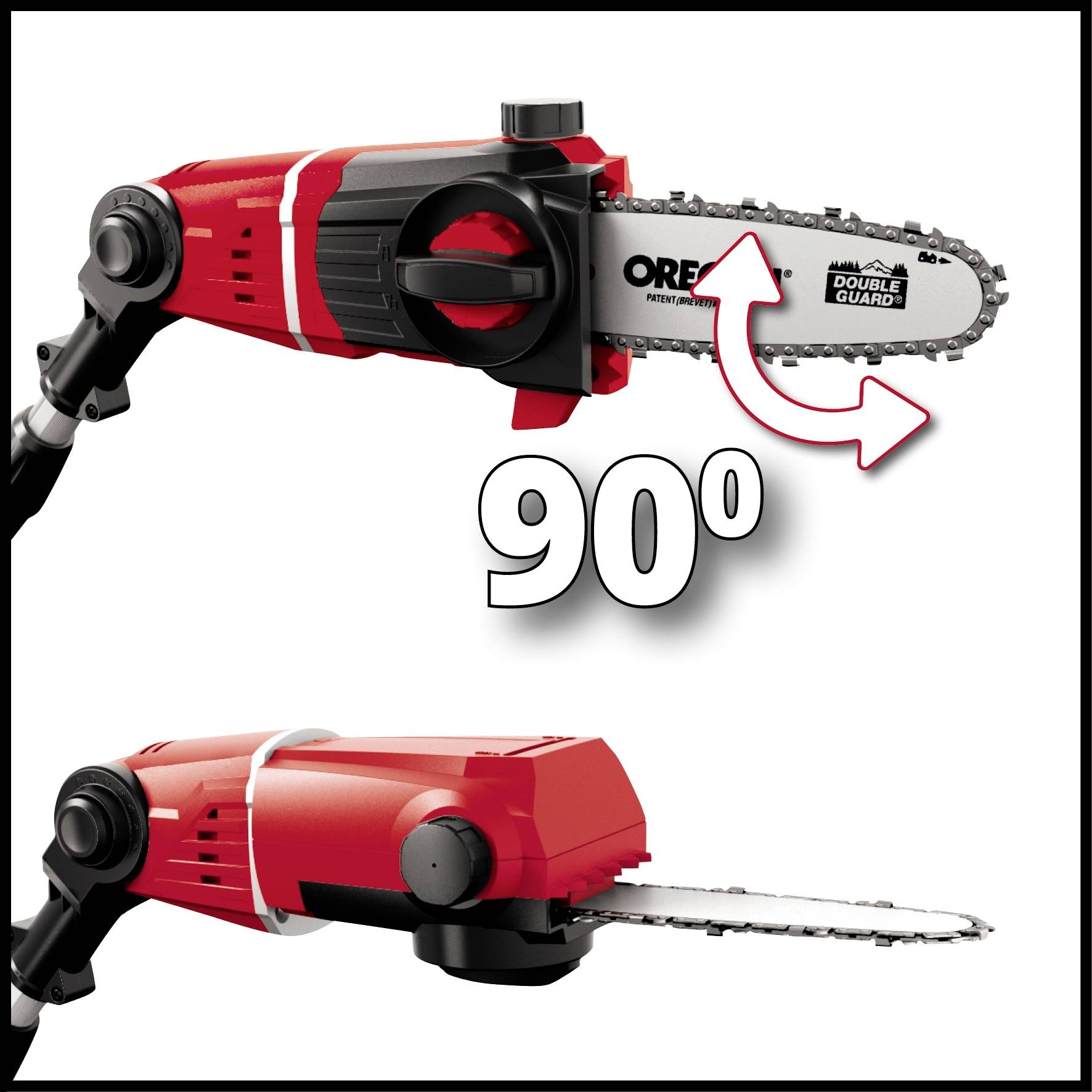 'Image of a red electric chainsaw attachment positioned at a 90-degree angle. Demonstrates the device's flexibility.'