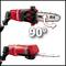 'Image of a red electric chainsaw attachment positioned at a 90-degree angle. Demonstrates the device's flexibility.'