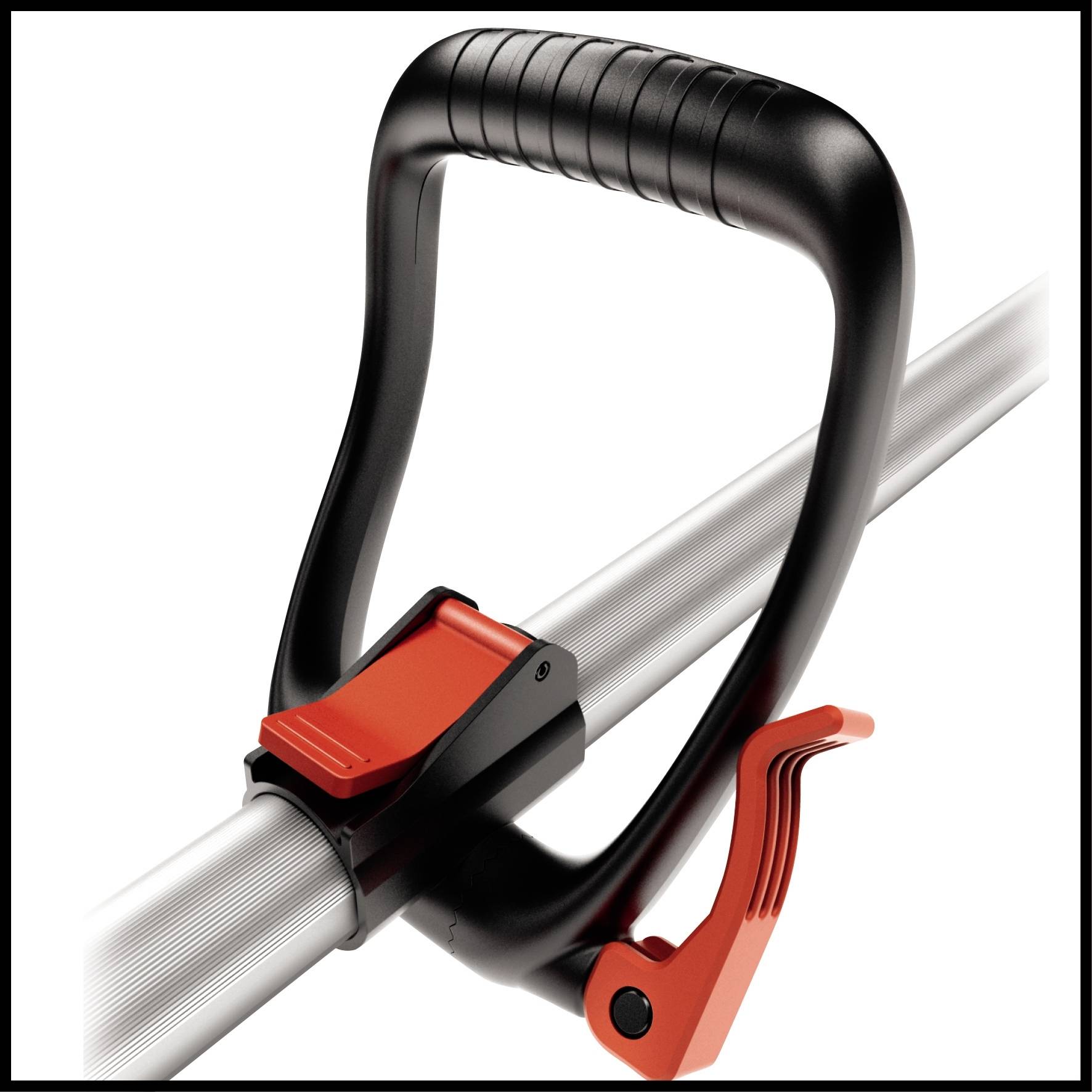 Handle of a cleaning tool with black and red mounting, positioned on a silver rod.