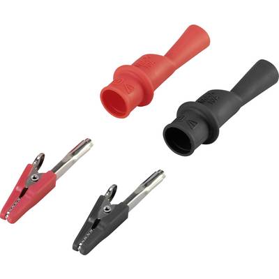 Two isolated crocodile clips, one black and one red, each with a matching rubber cap. Used for electrical connections.