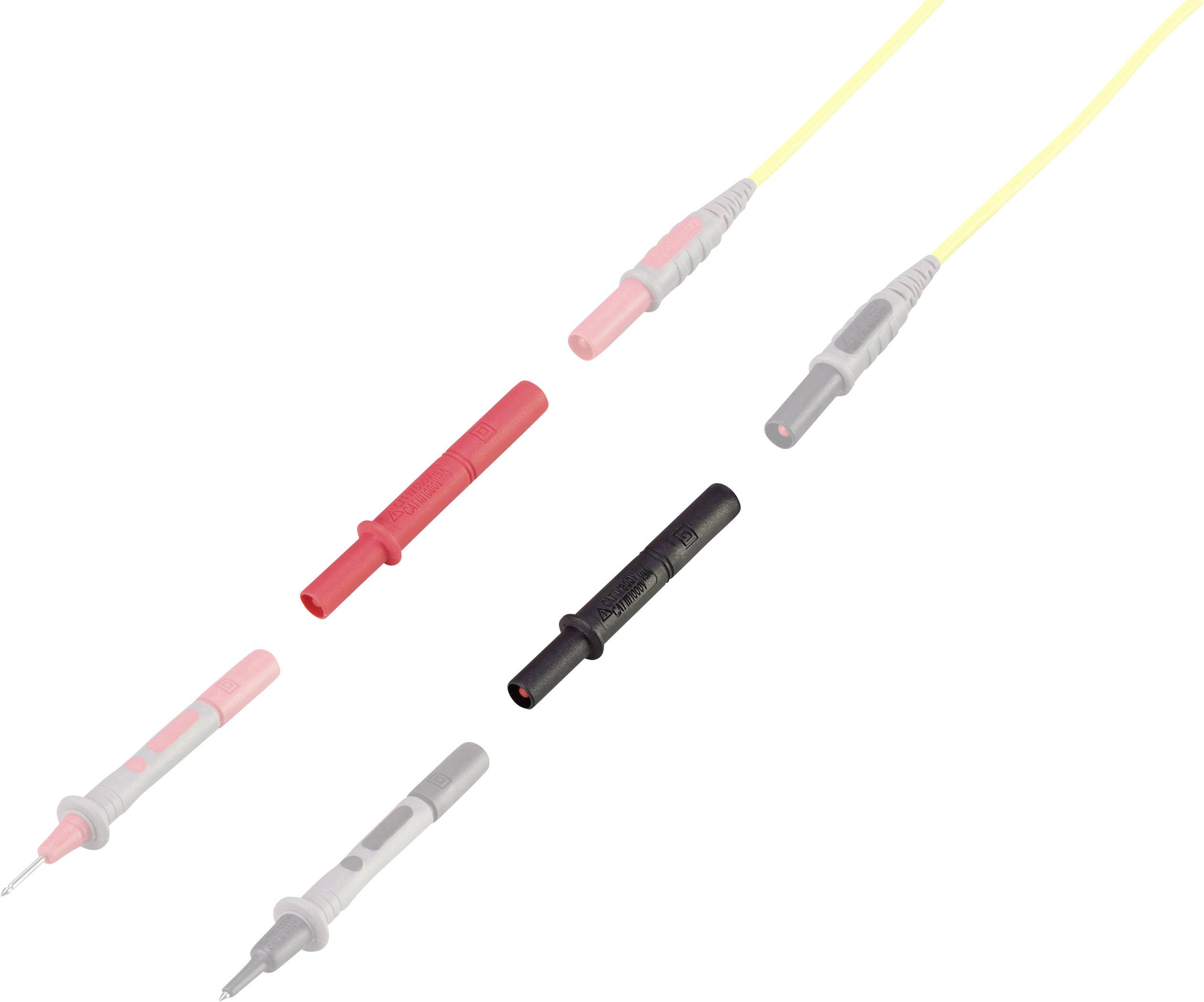 Colourful set of three measuring leads with plugs; red, black and grey, usable for different functions.