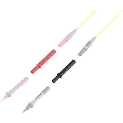 Colourful set of three measuring leads with plugs; red, black and grey, usable for different functions.