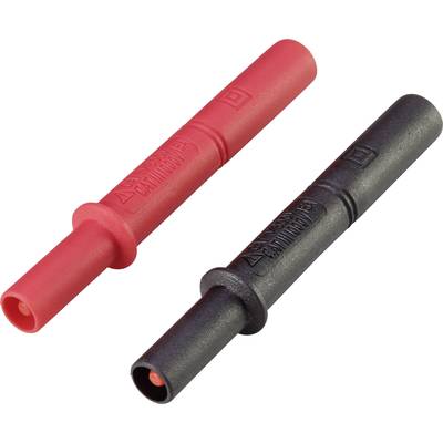 Two coloured banana plugs, one red and one black, side by side on a white background.
