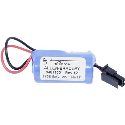 Battery pack from the Allen-Bradley brand with red and black cables and a white label with product information.