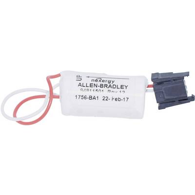 Allen-Bradley battery with label '1756-BA1 22-Feb-17'. White and red cable, black connector.