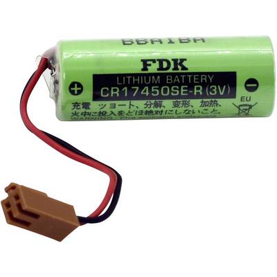 Green lithium battery by FDK, model CR17450SE-R, 3V, displays warning labels in Japanese. Contains red and black wires.