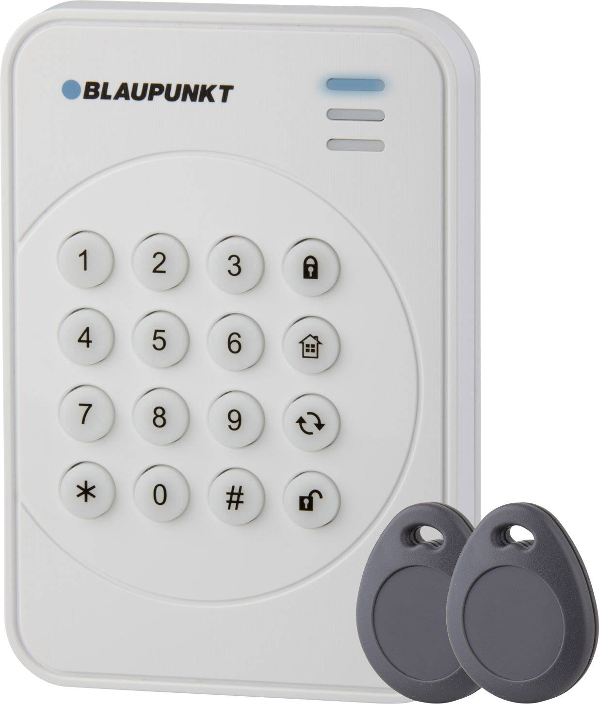 Alarm system keypad with numeric keys and two grey key fobs. The 'BLAUPUNKT' logo is positioned in the top left corner.