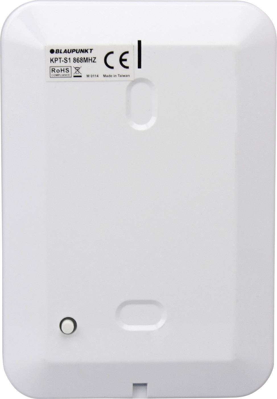 Back of a white Blaupunkt device, model KPT-S1 868MHz, with CE and RoHS certification labels.