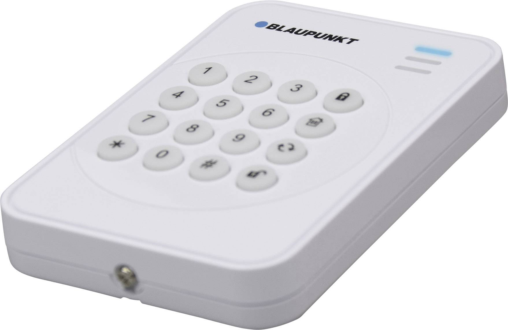Small, rectangular, white remote control with 12 numbered buttons and logo text at the top.