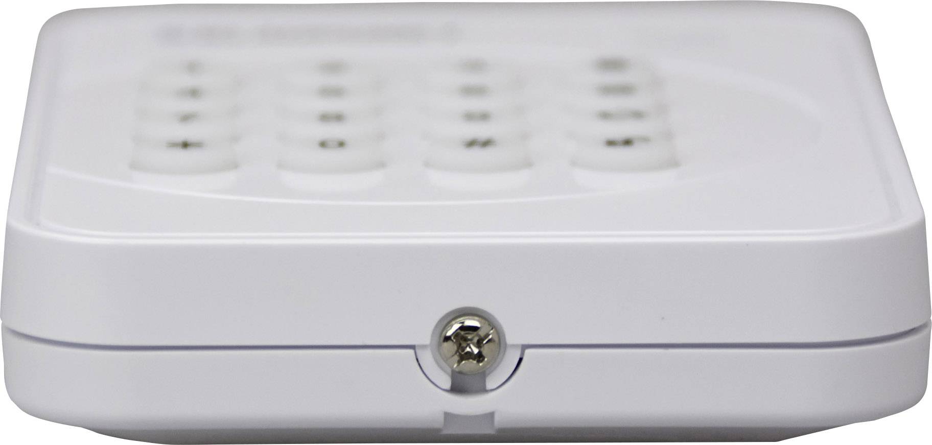 White remote control with numbered buttons and a screw on the underside, from a side perspective.